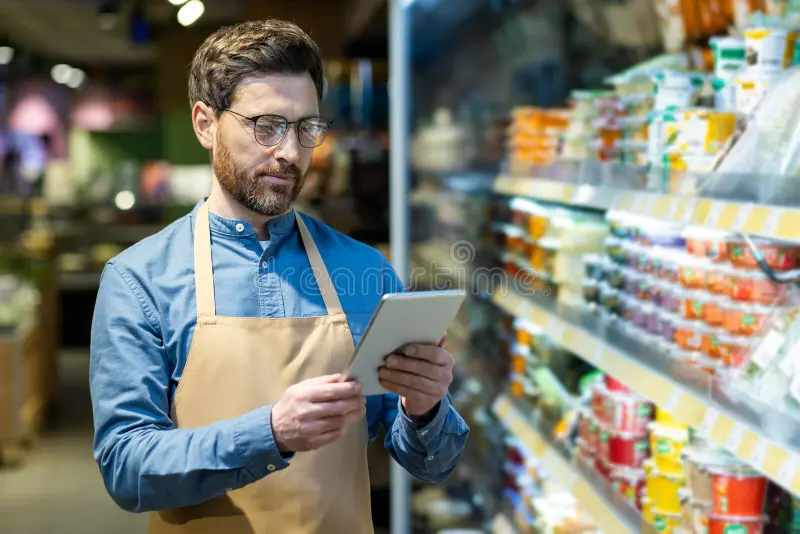 grocery store manager using digital tablet product inventory stock analysis supermarket aisle dairy products 334916152